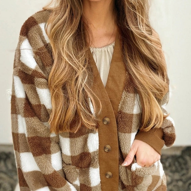Gilet Femme Laine – Motif Carreaux Marron