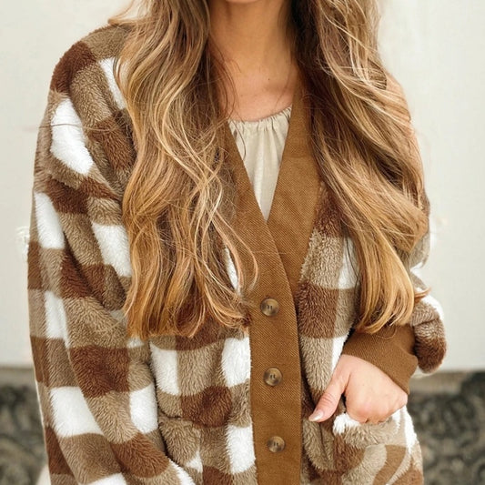 Gilet Femme Laine – Motif Carreaux Marron