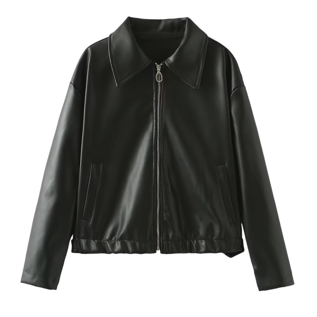 Veste Cuir Zippée à Revers