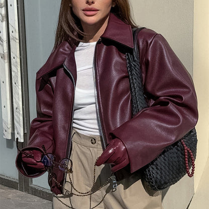 Veste Cuir Zippée à Revers