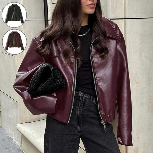 Veste Cuir Zippée à Revers