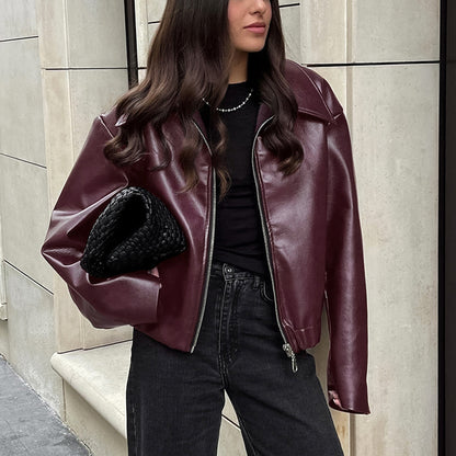 Veste Cuir Zippée à Revers