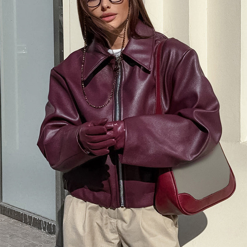 Veste Cuir Zippée à Revers